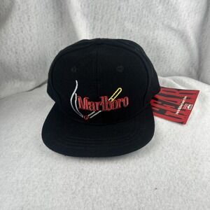 NWT VTG Marlboro Gear Hat Cap Lit Cigarette Smoke Black Adj Leather Strap 1994
